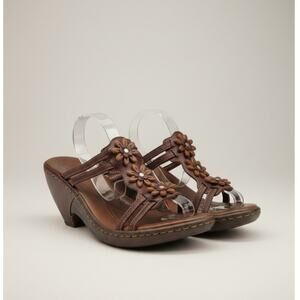 BORN Sandals Brown Slip-On Wedge Heel Daisy Flower Leather - Size EU 39 US 7